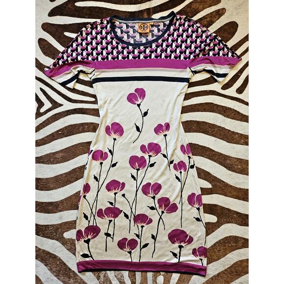 Tory Burch Sz Xs Silk Blend Jersey Wrap Dress Geometric Print Floral - Picture 1 of 6